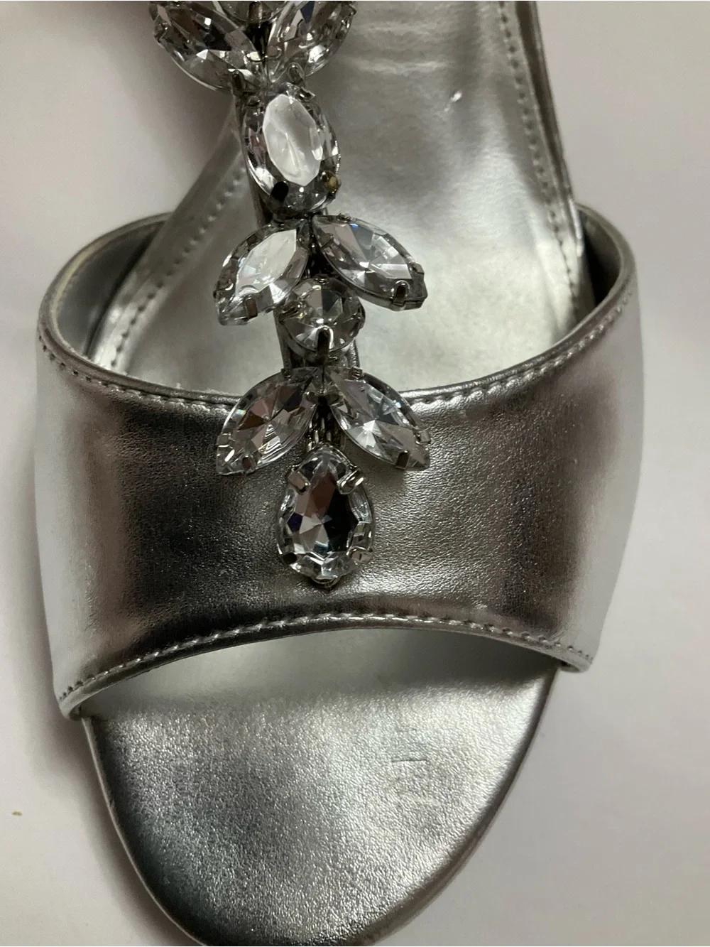 FIONI Night Silver Metallic Peep-Toe Slingback Heels with Crystal Accents